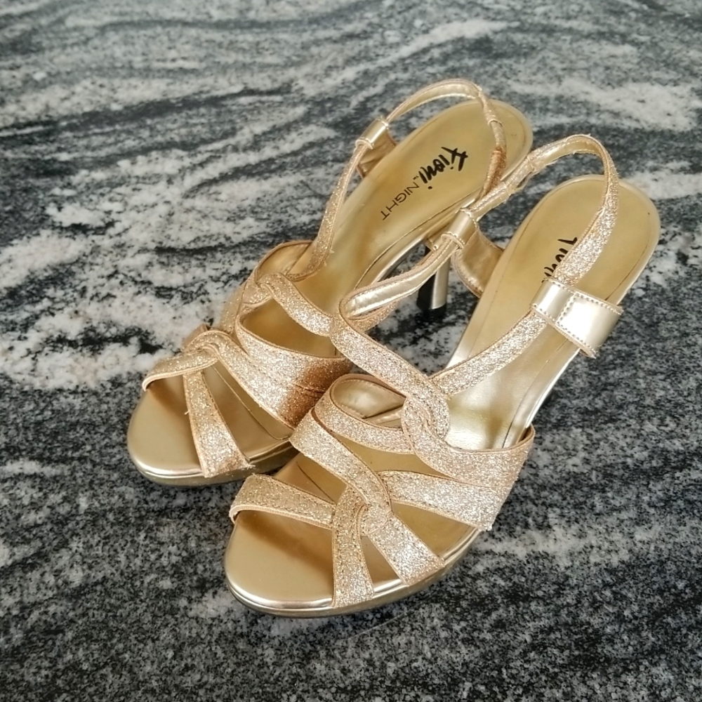 (7) Fioni Nights Metallic Heels Strappy Vacation Party Formal Prom Shimmer Gold